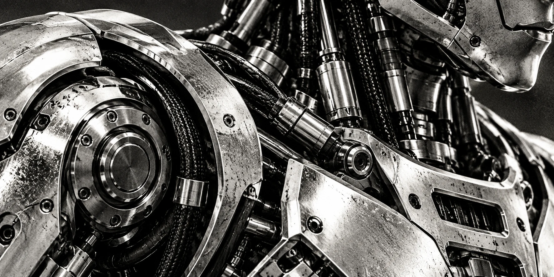 Close-up of chrome robot shoulder and neck mechanics in black and white