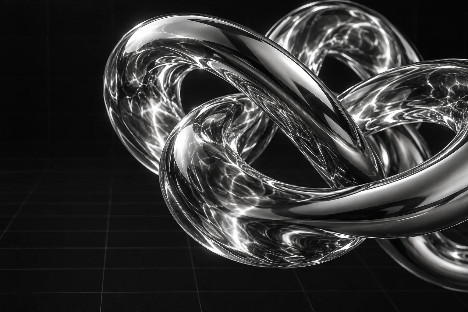 Glossy liquid-glass knot sculpture on a black background