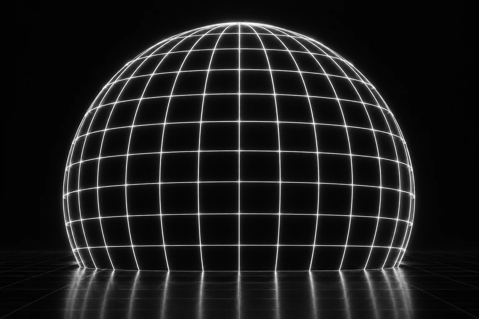White wireframe globe made of latitude and longitude lines on black