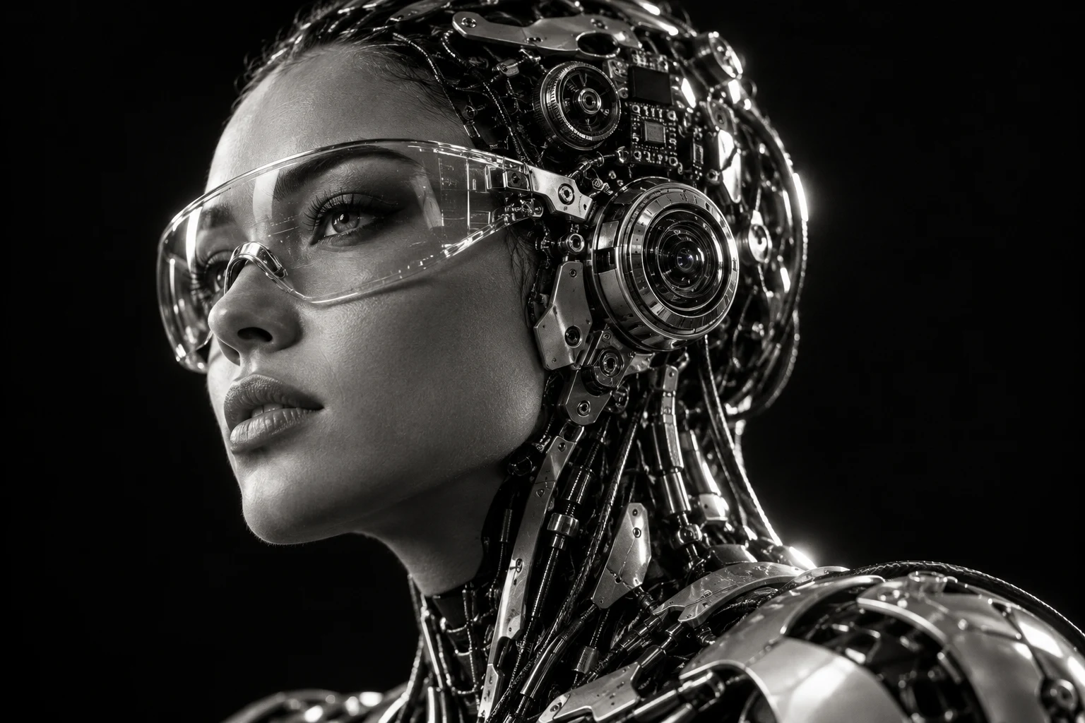 Cyborg woman in profile with transparent visor and intricate chrome mechanical skull