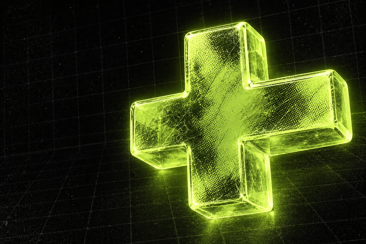 Glowing lime green plus-shaped glyph floating over a dark grid