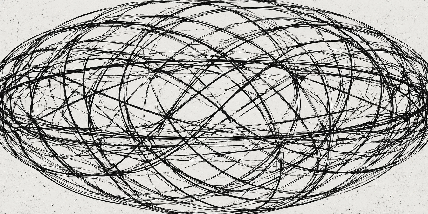 Black ink drawing of dozens of overlapping elliptical orbit lines forming a flattened wireframe sphere